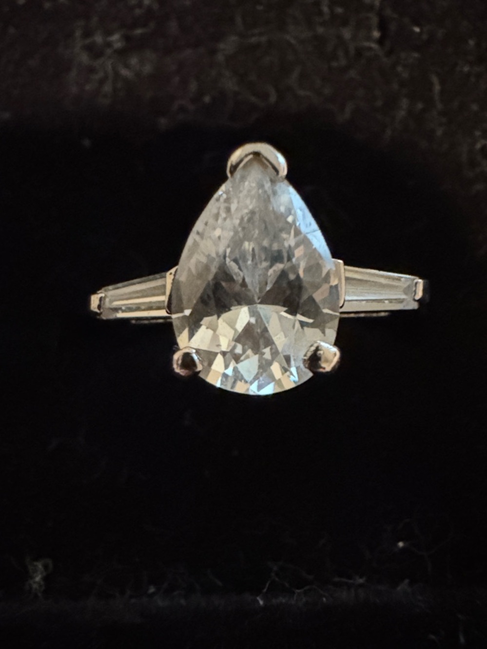 Pear Drop Clear Crystal Ring with Baguette Shoulders Sterling Silver